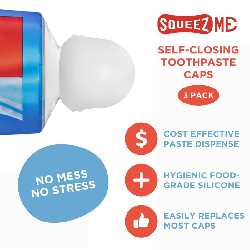 Chrome Cherry SqueezMe Self-Closing Toothpaste Caps, Silicone Lid for Kids & Adults, No Mess Toothpaste Dispenser, Self-Standing Easy Squeezer Cap, Bathroom Accessory, Clear, Pack of 3 - Image 2