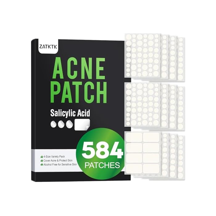 Pimple Patches for Face, 584 Count Hydrocolloid Acne Patches with Salicylic Acid, Bulk Pimple Stickers for Zit Breakouts and Blemishes, 4 Sizes, Fast Absorbing Spot Patch