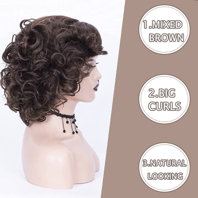 SEVENCOLORS Short Brown Curly Wigs for Black Women Synthetic Mixed Brown Big Curly Bob Wig - Image 3