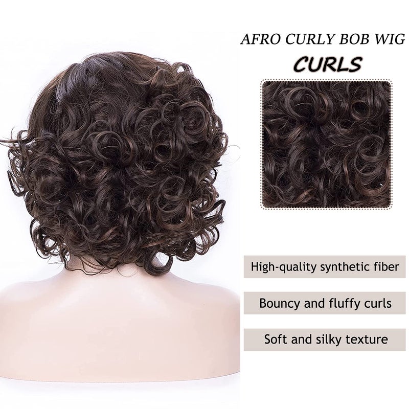 SEVENCOLORS Short Brown Curly Wigs for Black Women Synthetic Mixed Brown Big Curly Bob Wig - Image 5