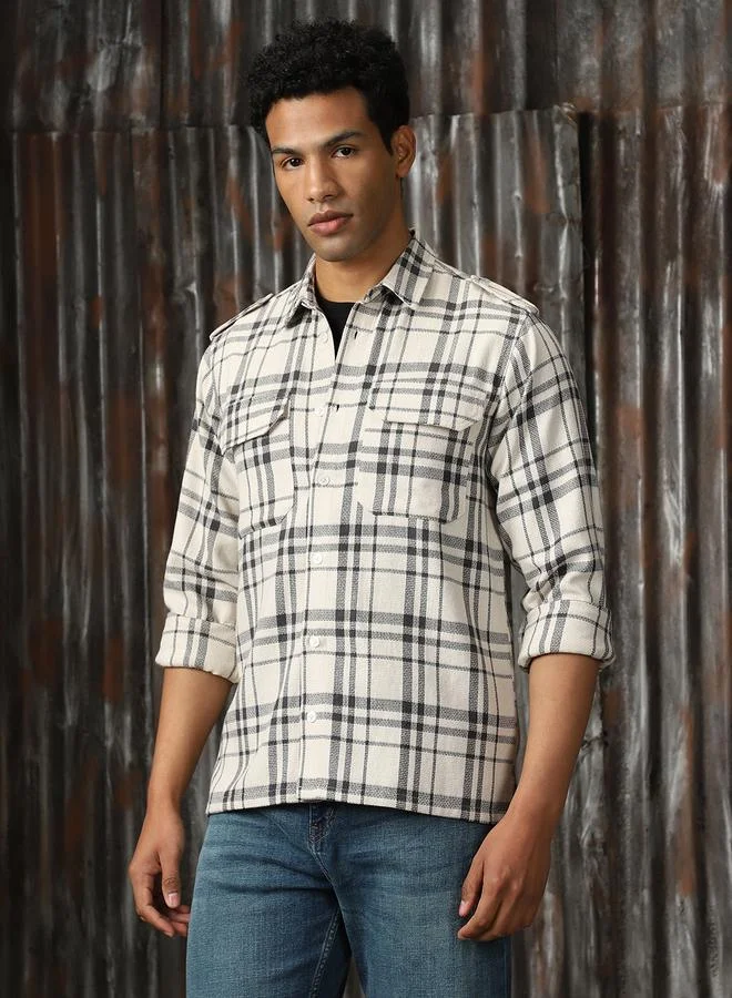 HIGH STAR Men Releaxed Fit Tartan Checks Textured Checked Utility Casual Shirt