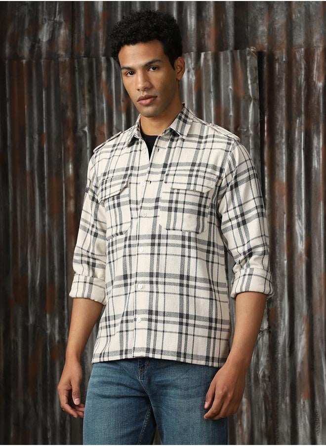 HIGH STAR Men Releaxed Fit Tartan Checks Textured Checked Utility Casual Shirt  - Image 5
