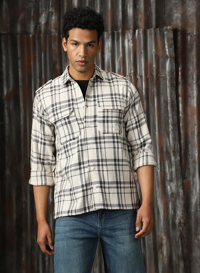 HIGH STAR Men Releaxed Fit Tartan Checks Textured Checked Utility Casual Shirt