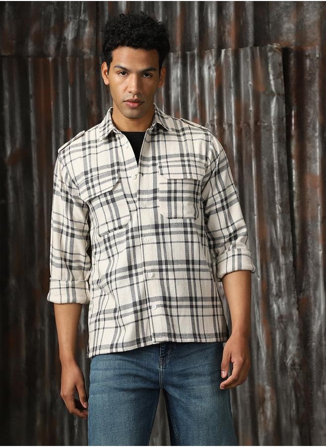 HIGH STAR Men Releaxed Fit Tartan Checks Textured Checked Utility Casual Shirt  - Image 3