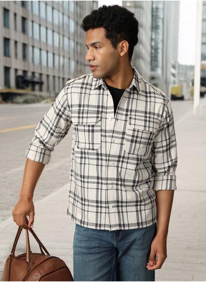 HIGH STAR Men Releaxed Fit Tartan Checks Textured Checked Utility Casual Shirt  - Image 1