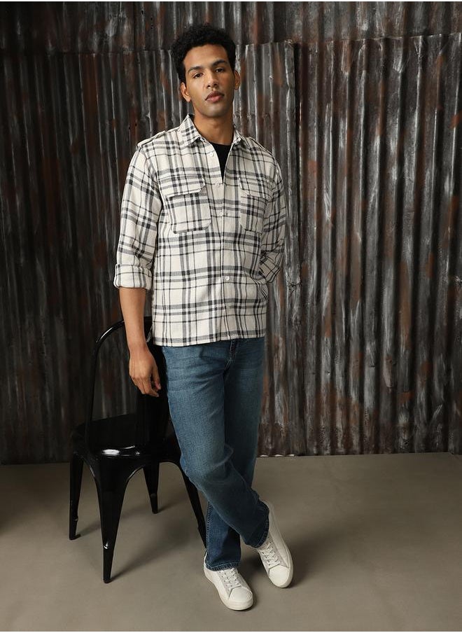 HIGH STAR Men Releaxed Fit Tartan Checks Textured Checked Utility Casual Shirt  - Image 2