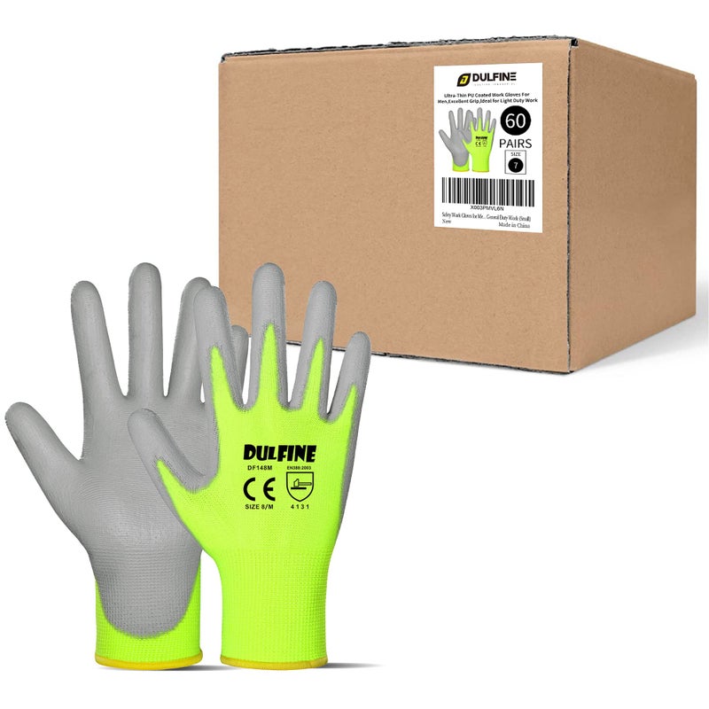 DULFINE Safety Work Gloves for Men PU Coated 60 Pairs Bulk PackHiVis Yellow Seamless Knit Glove with thin Polyurethane Coated Smooth Grip on Palm FingersIdeal for General Duty Work Large