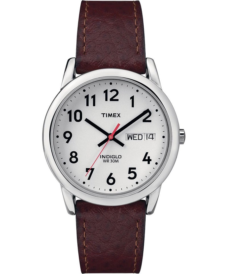 TIMEX ساعة تيمكس للرجال سهلة القراءة 35 مم بتقويم اليوم والتاريخ - علبة فضية مع قرص أبيض وحزام جلد بني داكن - Image 1