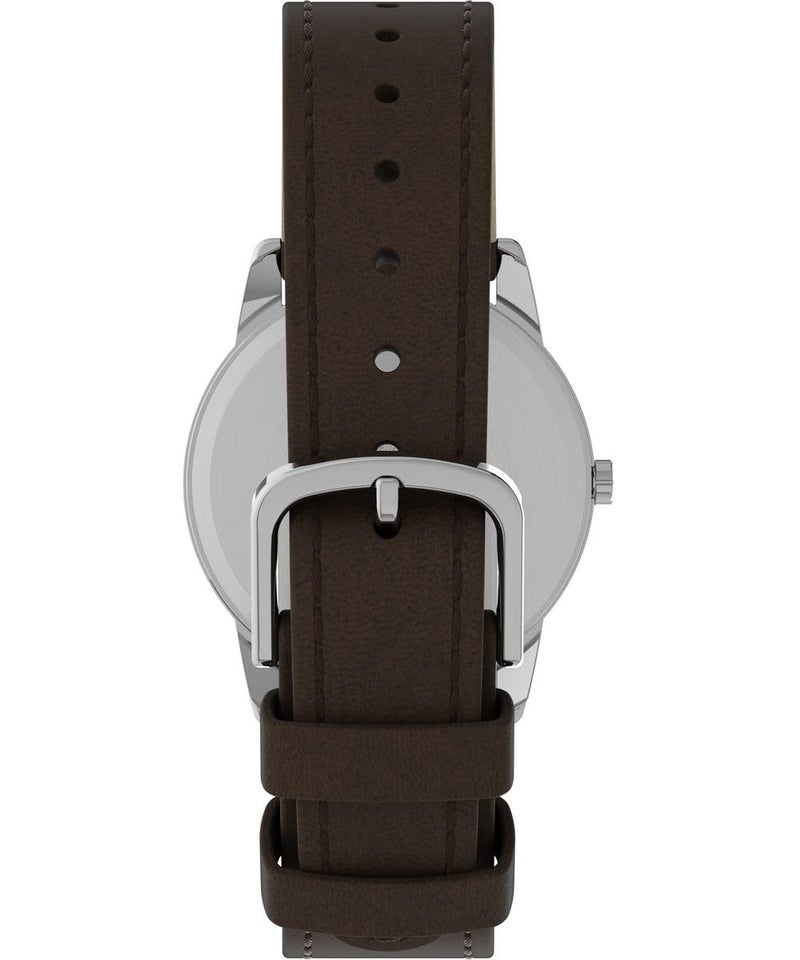 TIMEX ساعة تيمكس للرجال سهلة القراءة 35 مم بتقويم اليوم والتاريخ - علبة فضية مع قرص أبيض وحزام جلد بني داكن - Image 5