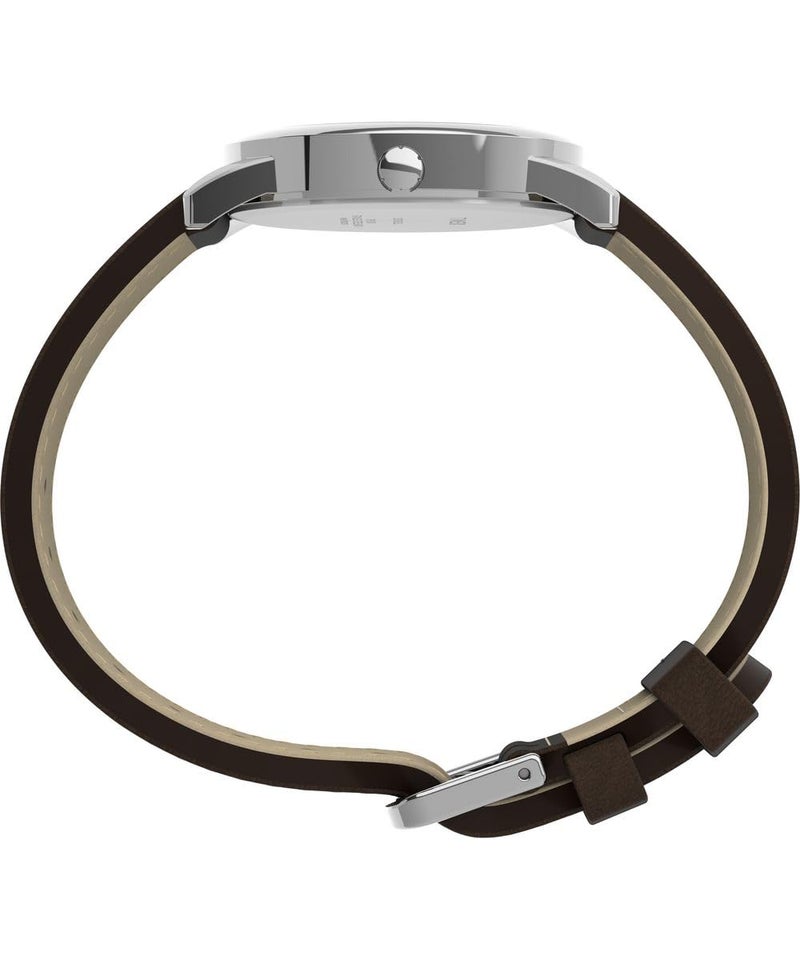 TIMEX ساعة تيمكس للرجال سهلة القراءة 35 مم بتقويم اليوم والتاريخ - علبة فضية مع قرص أبيض وحزام جلد بني داكن - Image 3