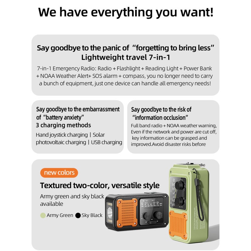 Emergency Weather Radio, Hand Crank Solar USB-C Rechargeable, 2000mAh Power Bank with Flashlight, Reading Light, SOS Signal & Compass for Outdoor Camping Survival - Image 4