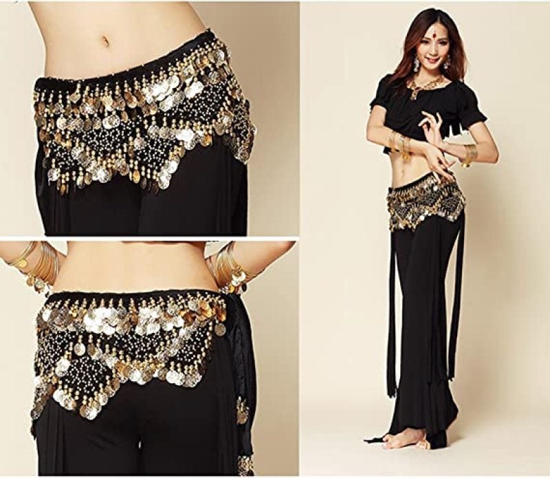 Women's Sweet Bellydance Hip Scarf with Gold Coins Skirts Wrap Noisy black - Image 3