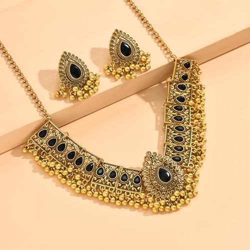 Peora Antique Gold Plated Black Stone Studded Temple Style Necklace with Teardrop Earring Set Stylish Fashion Jewellery Set for Women & Girls - Image 5