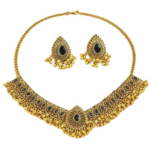 Peora Antique Gold Plated Black Stone Studded Temple Style Necklace with Teardrop Earring Set Stylish Fashion Jewellery Set for Women & Girls - Image 1