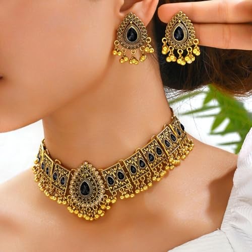 Peora Antique Gold Plated Black Stone Studded Temple Style Necklace with Teardrop Earring Set Stylish Fashion Jewellery Set for Women & Girls - Image 2