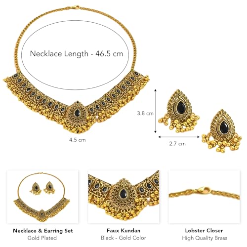Peora Antique Gold Plated Black Stone Studded Temple Style Necklace with Teardrop Earring Set Stylish Fashion Jewellery Set for Women & Girls - Image 4
