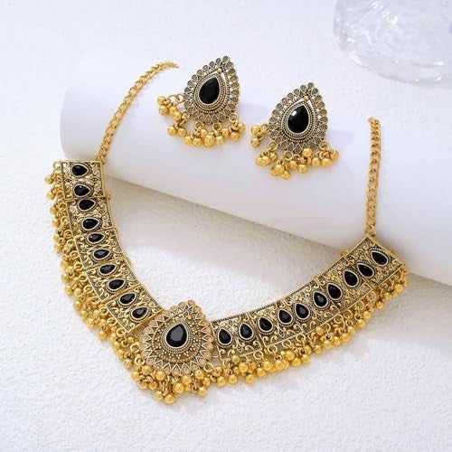 Peora Antique Gold Plated Black Stone Studded Temple Style Necklace with Teardrop Earring Set Stylish Fashion Jewellery Set for Women & Girls - Image 3