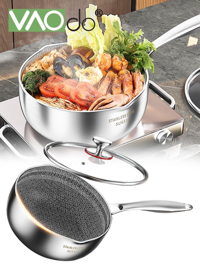 VAOdo Nonstick Saucepan with Lid 316 Stainless Steel Multipurpose Pot Common to All Stoves Dishwasher Safe Extended Handle Fry Pan 20 CM - Image 1