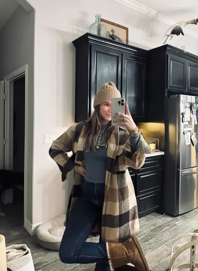 PUWEI Women's Long Flannel Plaid Jacket Shacket Cozy Lapel Button Down Shirt Jacket Fuzzy Trench Coat(1448-Coffee-M) - Image 3