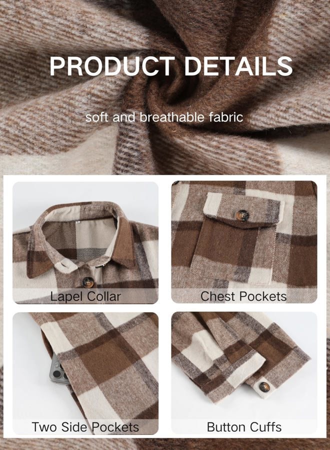 PUWEI Women's Long Flannel Plaid Jacket Shacket Cozy Lapel Button Down Shirt Jacket Fuzzy Trench Coat(1448-Coffee-M) - Image 5