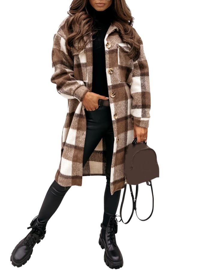 PUWEI Women's Long Flannel Plaid Jacket Shacket Cozy Lapel Button Down Shirt Jacket Fuzzy Trench Coat(1448-Coffee-M) - Image 1