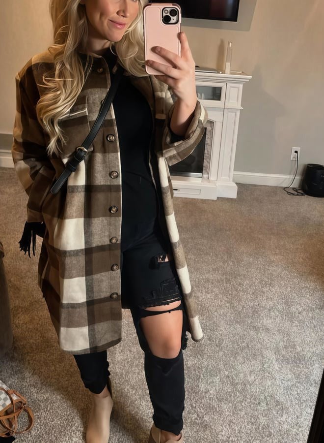 PUWEI Women's Long Flannel Plaid Jacket Shacket Cozy Lapel Button Down Shirt Jacket Fuzzy Trench Coat(1448-Coffee-M) - Image 2
