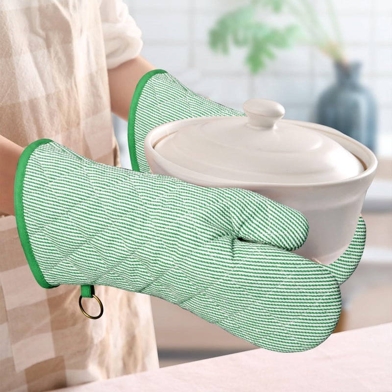 RED LMLDETA 1 Pair Yarn Dyed Oven Mitts 100% Cotton Heat Resistant 470 Degree Gloves Men Women Cooking Baking Barbecue BBQ Microwave Crafting Machine Washable Pot Holders Mittens (Green) - Image 5