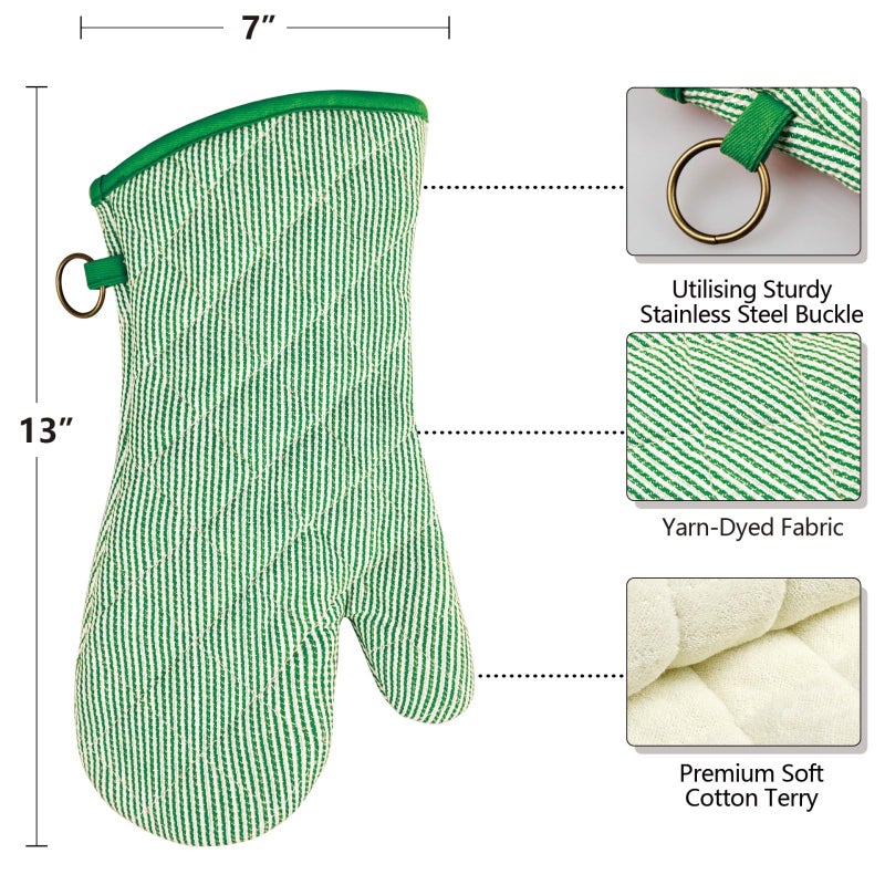 RED LMLDETA 1 Pair Yarn Dyed Oven Mitts 100% Cotton Heat Resistant 470 Degree Gloves Men Women Cooking Baking Barbecue BBQ Microwave Crafting Machine Washable Pot Holders Mittens (Green) - Image 2