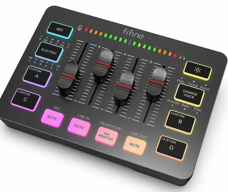 FIFINE Gaming Audio Mixer,Streaming 4-Channel RGB Mixer with XLR Microphone Interface,for Game Voice,Podcast,AmpliGame SC3 - Image 1