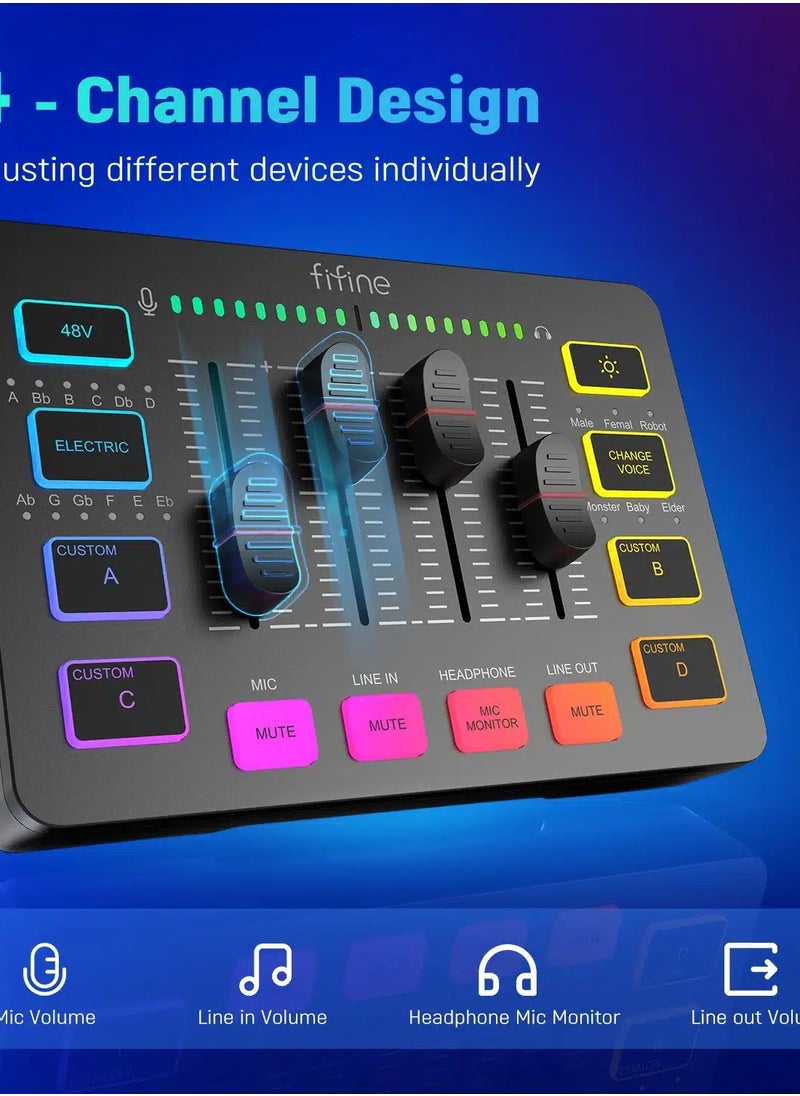 FIFINE FIFINE Gaming Audio Mixer,Streaming 4-Channel RGB Mixer with XLR Microphone Interface,for Game Voice,Podcast,AmpliGame SC3  - Image 2