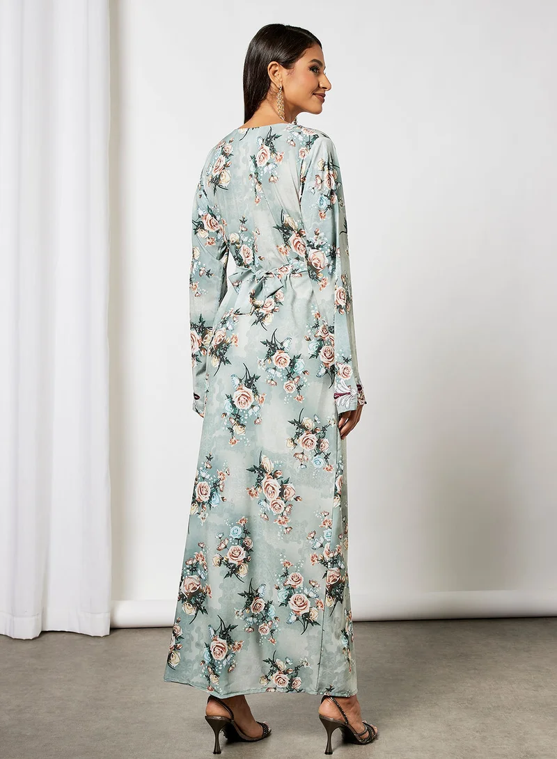 Hayat Jalabiya With Leafy Embroidery In Front And Wrist With Belt