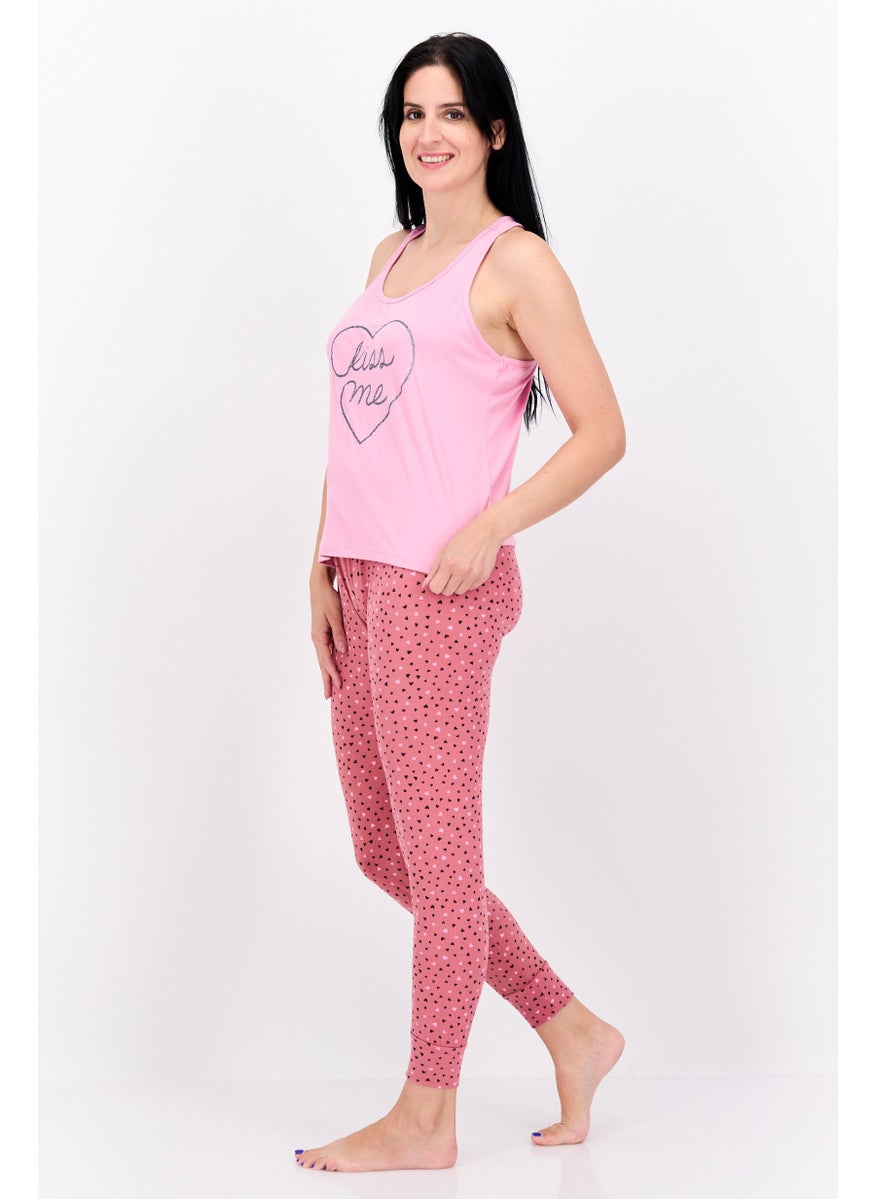 French Affair Women 2 Piece Graphic Top And Pajama Set, Pink Combo  - Image 3