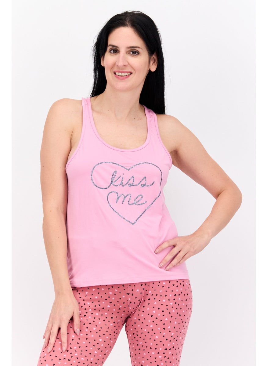 French Affair Women 2 Piece Graphic Top And Pajama Set, Pink Combo  - Image 2