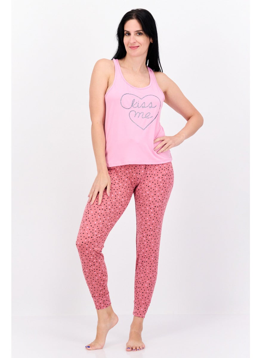 French Affair Women 2 Piece Graphic Top And Pajama Set, Pink Combo  - Image 1