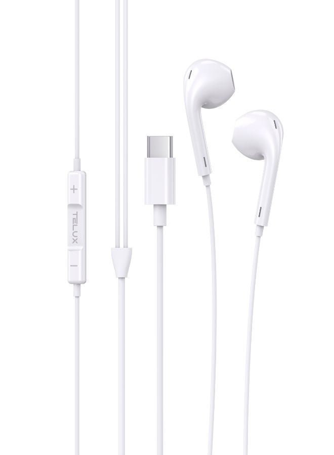 TELUX SOUNDLINK USB-C Stereo Earphones, High Bass Wired Earphones with Microphone, In-Line Controls, Comfortable Fit, 14mm Dynamic Drivers, Durable Cable, 1.2m – White - Image 1