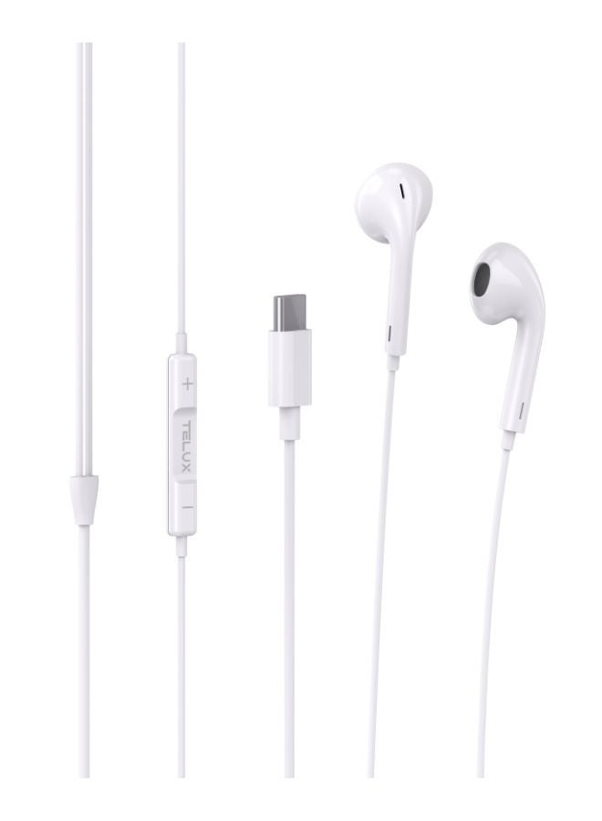 TELUX SOUNDLINK USB-C Stereo Earphones, High Bass Wired Earphones with Microphone, In-Line Controls, Comfortable Fit, 14mm Dynamic Drivers, Durable Cable, 1.2m – White - Image 2