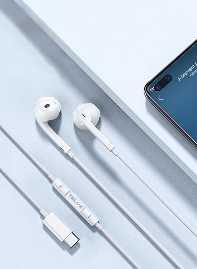TELUX SOUNDLINK USB-C Stereo Earphones, High Bass Wired Earphones with Microphone, In-Line Controls, Comfortable Fit, 14mm Dynamic Drivers, Durable Cable, 1.2m – White - Image 3