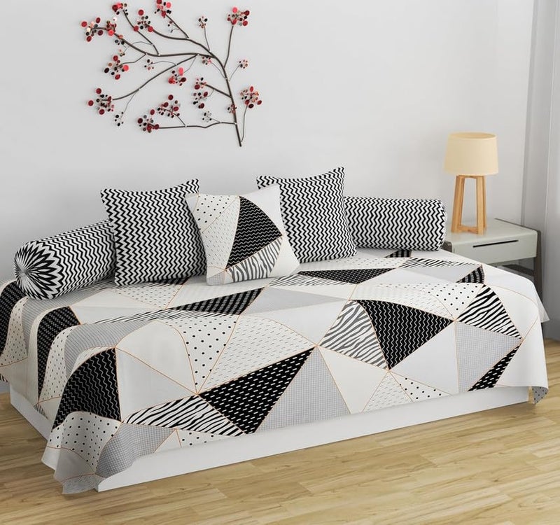 diwan Set for Living Room, diwan Set Covers Glace Cotton, Designer diwan Set 8 Pieces (1 Single Bedsheet, 5 Cushion Covers, 2 Bolster Covers, Color- White Black Grey)