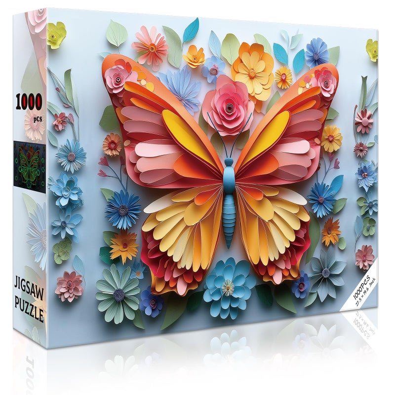 R RUCKERCO 1000 Piece Puzzle for Adults Butterfly Noctilucous Jigsaw Puzzles - Challenging 3D Puzzles Stunning Flower Art Wall Decor, Gift for Adult Puzzle Lovers (27.5x19.6 Inch) - Image 1