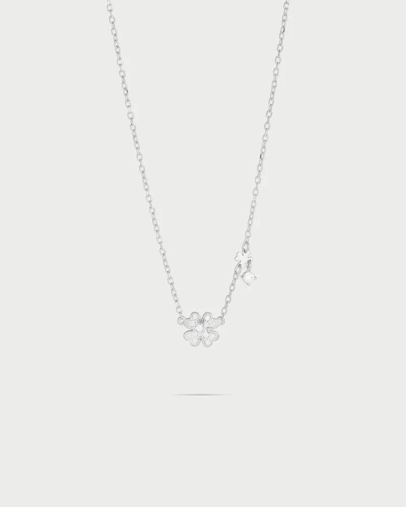 Rue Des Mill Necklace with chain and pav√® four-leaf clover - STARDUST TEN - Rhodium