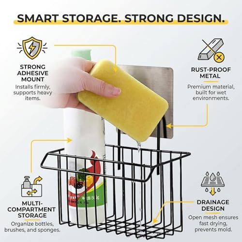 ZURATO Sink Caddy Organizer, Metal Iron Sink Rack with Sponge Holder, Drain Basket & Soap Dish for Kitchen Counter, Dish Washing Liquid Stand – Black - Image 5