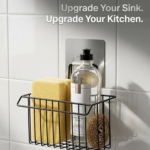ZURATO Sink Caddy Organizer, Metal Iron Sink Rack with Sponge Holder, Drain Basket & Soap Dish for Kitchen Counter, Dish Washing Liquid Stand – Black - Image 3