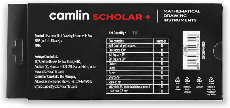 Camlin Mathematical Drawing Instruments Scholar (4899168): Compass, Protractor, Set Squares, Divider, Pencil, Eraser, Sharpener, Scale, 0.7 mm Mechanical Pencil & Lead. - Image 4