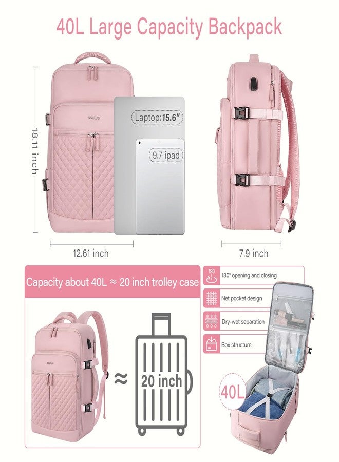 MOSISO 40L Travel Backpack for Women, Rhombus Quilted Flight Approved Carry on Daypack with USB Charging Port&Drawstring Bag, 17-17.3 inch Laptop Backpack for Office Work Travel Essentials, Pink - Image 3