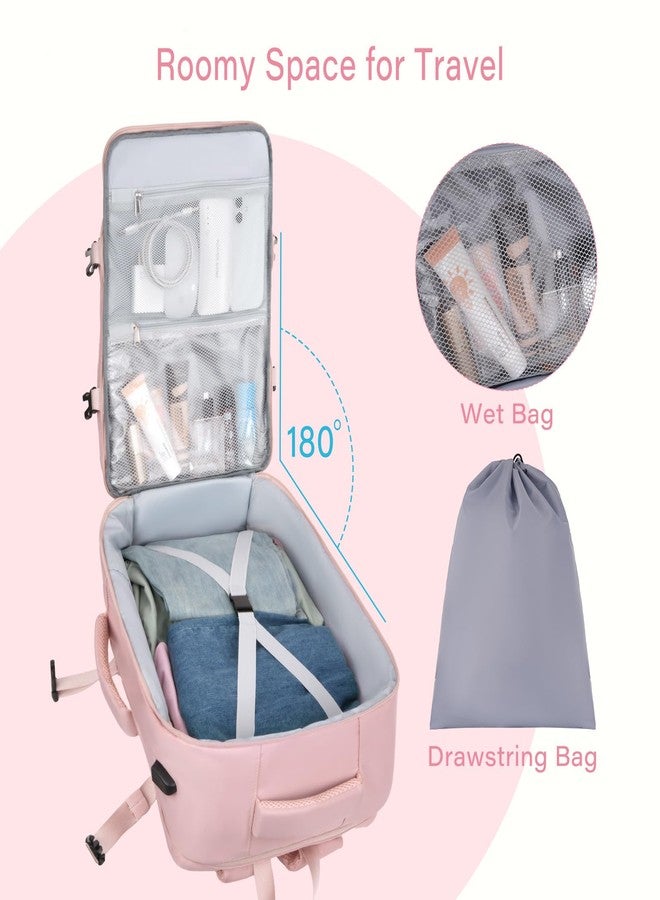 MOSISO 40L Travel Backpack for Women, Rhombus Quilted Flight Approved Carry on Daypack with USB Charging Port&Drawstring Bag, 17-17.3 inch Laptop Backpack for Office Work Travel Essentials, Pink - Image 2