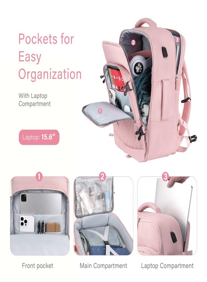 MOSISO 40L Travel Backpack for Women, Rhombus Quilted Flight Approved Carry on Daypack with USB Charging Port&Drawstring Bag, 17-17.3 inch Laptop Backpack for Office Work Travel Essentials, Pink - Image 4