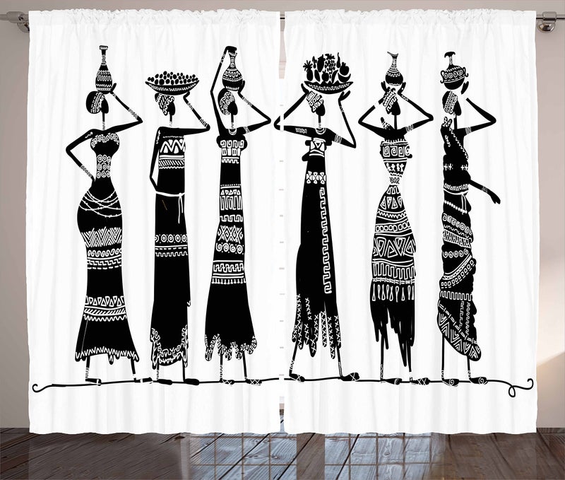 Ambesonne African Curtains  Sketch of Local Women Jugs Silhouettes Patterned Dresses  Living Room Bedroom Window Drapes 2 Panel Set  108"" X 63""  Black and White