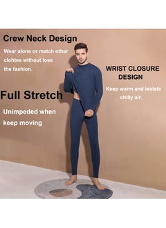 Yakiter Men's Cotton Thermal Underwear Set Shirt Pants Long Johns (Dark Blue)  - Image 2