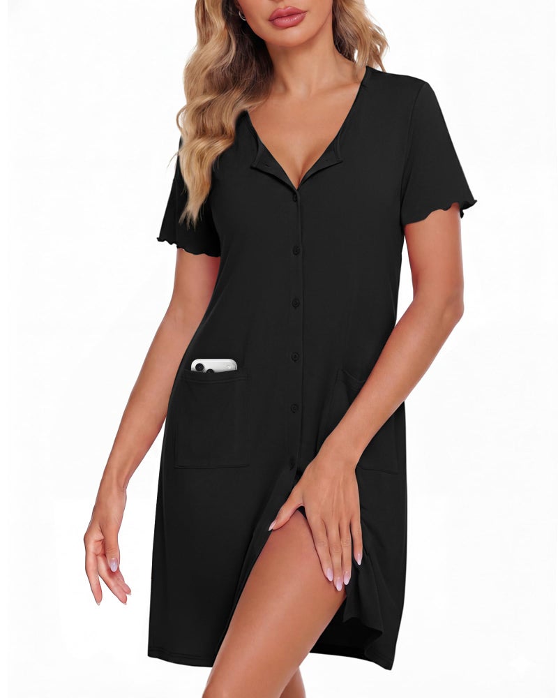 ZOOSIXX Nightgowns for Women - Short Sleeve Sleepwear Button Up Pajamas for Women V-Neck Sleepwear Dress with Pockets Black - Image 1
