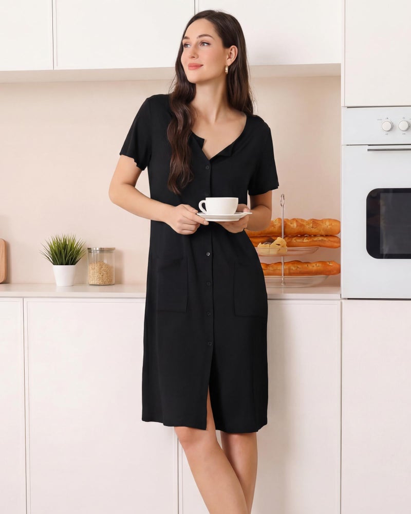 ZOOSIXX Nightgowns for Women - Short Sleeve Sleepwear Button Up Pajamas for Women V-Neck Sleepwear Dress with Pockets Black - Image 2